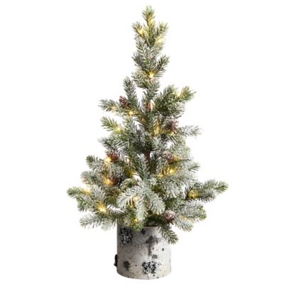 Nearly Natural 24 in. Flocked Christmas Artificial Tree in Decorative Birch Bark Planter with LED Lights