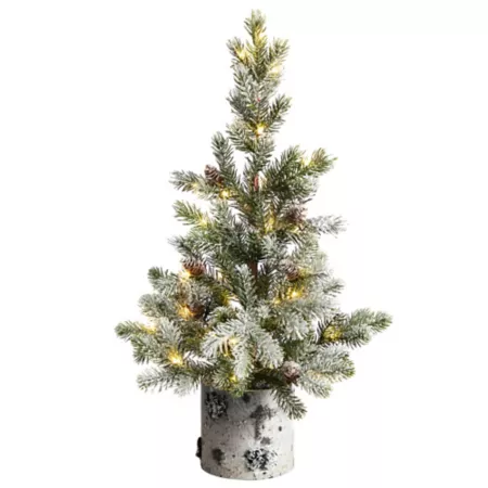 Nearly Natural 24" Flocked Artificial Christmas Tree in Decorative Birch Bark Planter with LED Lights Artificial Christmas Trees