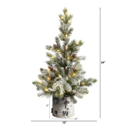 Image showing  24 in. Pre-Lit Flocked Artificial Christmas Tree in Decorative Birch Bark Planter