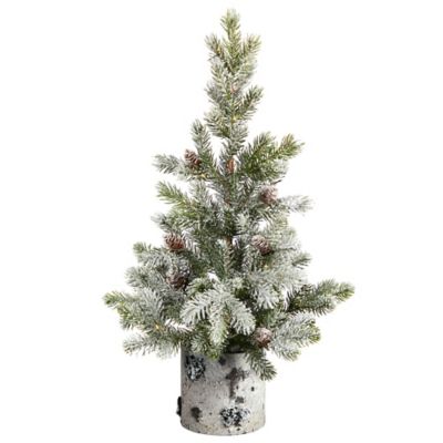 Image showing  24 in. Pre-Lit Flocked Artificial Christmas Tree in Decorative Birch Bark Planter