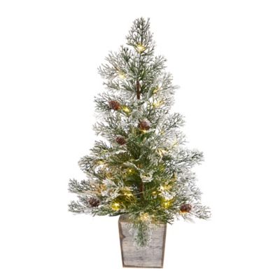 Nearly Natural 2 ft. Pre-Lit Frosted Artificial Christmas Tree with Pine Cones in Decorative Planter