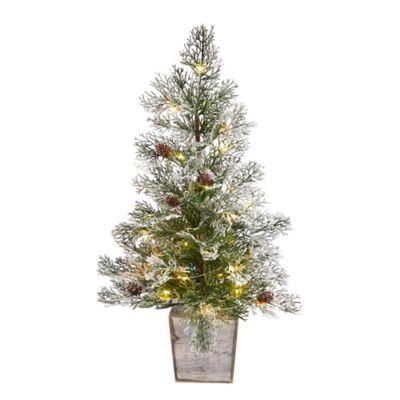 Nearly Natural 2 ft. Frosted Pre-Lit Artificial Christmas Tree with Pine Cones in Decorative Planter