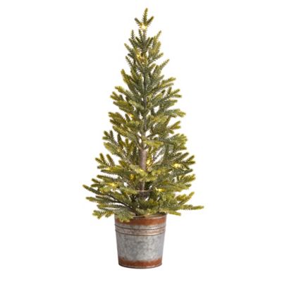 Nearly Natural 26 in. Pine Natural Look Artificial Christmas Tree with Warm White Lights in Rustic Metal Planter