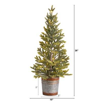 Image showing  26 in. Pre-Lit Pine Natural-Look Artificial Christmas Tree in Rustic Metal Planter, Warm White Lights