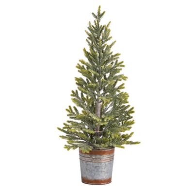 Image showing  26 in. Pre-Lit Pine Natural-Look Artificial Christmas Tree in Rustic Metal Planter, Warm White Lights