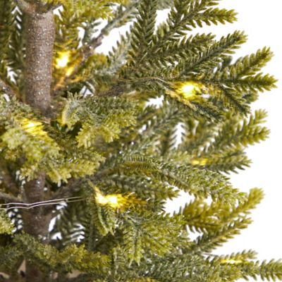 Image showing  26 in. Pre-Lit Pine Natural-Look Artificial Christmas Tree in Rustic Metal Planter, Warm White Lights