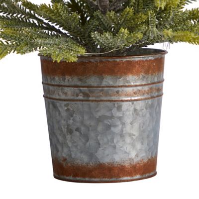 Image showing 5 th Nearly Natural 26 in. Pre-Lit Pine Natural-Look Artificial Christmas Tree in Rustic Metal Planter, Warm White Lights