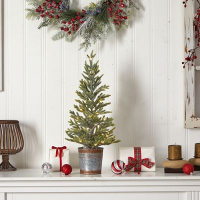 Image showing 6 th Nearly Natural 26 in. Pre-Lit Pine Natural-Look Artificial Christmas Tree in Rustic Metal Planter, Warm White Lights