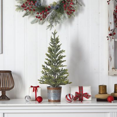 Image showing 7 th Nearly Natural 26 in. Pre-Lit Pine Natural-Look Artificial Christmas Tree in Rustic Metal Planter, Warm White Lights