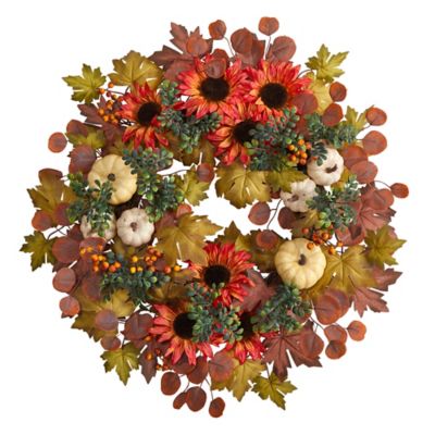 Nearly Natural 30 in. Acorn, Sunflower, Berries, Pumpkins and Autumn Foliage Artificial Wreath