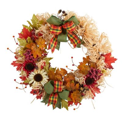 Nearly Natural 30 in. Harvest Autumn Sunflower, Maple Leaves and Berries Artificial Fall Wreath with Decorative Bows