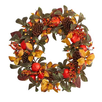 Nearly Natural 26 in. Autumn Persimmon and Pine Cones Artificial Fall Wreath