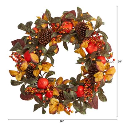Image showing  26 in. Autumn Persimmon and Pine Cones Artificial Fall Wreath