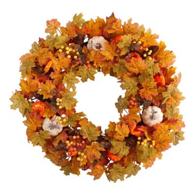 Nearly Natural 30 in. Autumn Pumpkin and Maple Leaf Artificial Fall Wreath