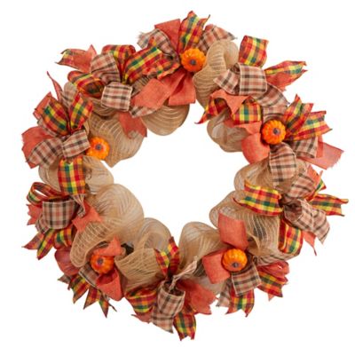 Nearly Natural 30 in. Autumn Pumpkin with Decorative Bows Artificial Fall Wreath