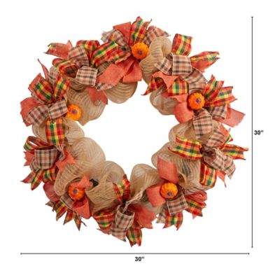 Image showing  30 in. Autumn Pumpkin with Decorative Bows Artificial Fall Wreath