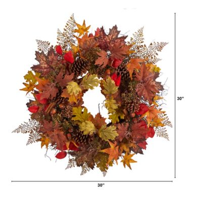 Image showing  30 in. Autumn Maple Leaves, Acorn, Pine Cones and Cinnamon Sticks Artificial Fall Wreath
