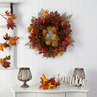 Image showing  30 in. Autumn Maple Leaves, Acorn, Pine Cones and Cinnamon Sticks Artificial Fall Wreath