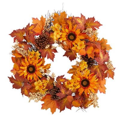 Nearly Natural 28 in. Autumn Maple Leaves, Sunflower, White Berries, and Pine Cones Artificial Fall Wreath