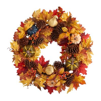 Nearly Natural 26 in. Fall Pumpkin, Gourd, Pine Cone and Maple Leaf Artificial Autumn Wreath