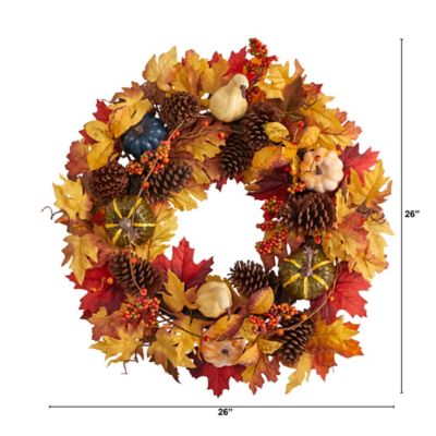 Image showing  26 in. Fall Pumpkin, Gourd, Pine Cone and Maple Leaf Artificial Autumn Wreath