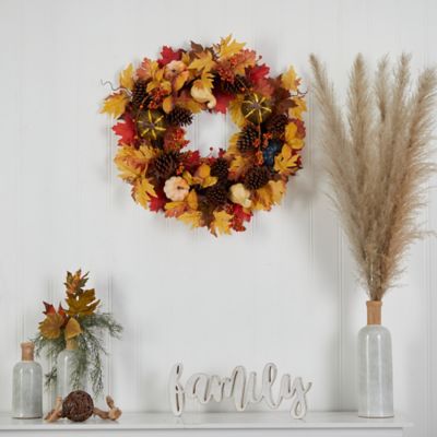 Image showing  26 in. Fall Pumpkin, Gourd, Pine Cone and Maple Leaf Artificial Autumn Wreath