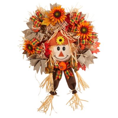 Nearly Natural 30 in. Scarecrow Fall Artificial Autumn Wreath with Sunflower, Pumpkin and Decorative Bows