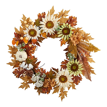 Nearly Natural 30 in. Autumn Sunflower, White Pumpkin and Berries Artificial Fall Wreath