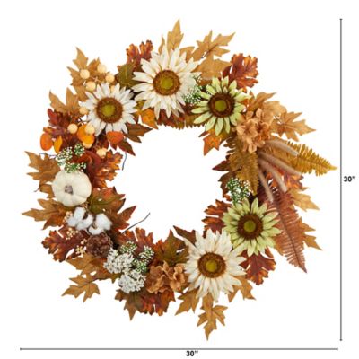 Image showing  30 in. Autumn Sunflower, White Pumpkin and Berries Artificial Fall Wreath