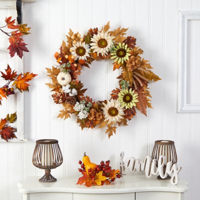 Image showing  30 in. Autumn Sunflower, White Pumpkin and Berries Artificial Fall Wreath