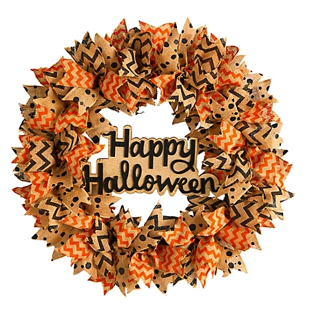 Nearly Natural 30 in. Halloween Burlap Ribbon Artificial Wreath