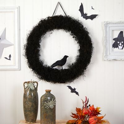 Image showing  30 in. Halloween Black Raven Twig Artificial Wreath