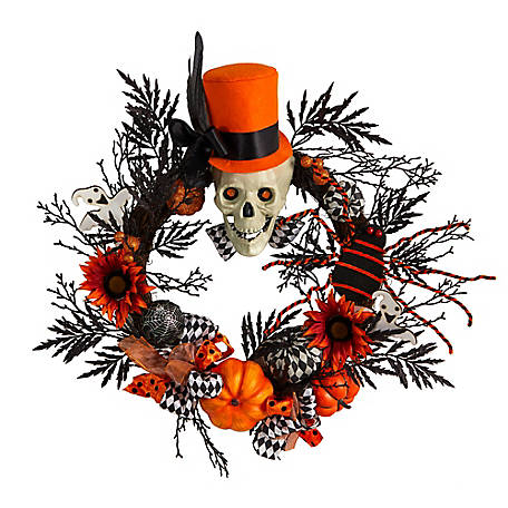 Nearly Natural 30 in. Spider and Skull with Top Hat Halloween Wreath