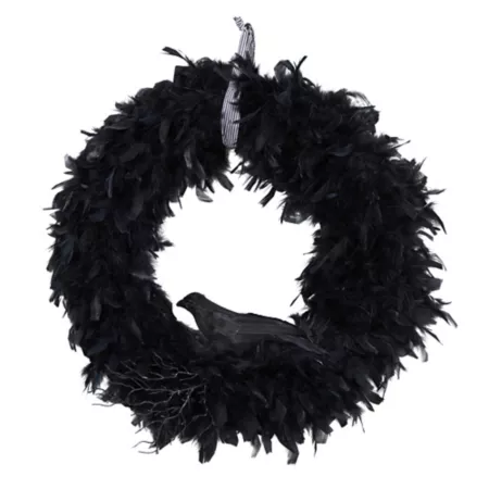 30" Almost Natural Halloween Crow Feather Wreath Halloween Wreaths & Garlands