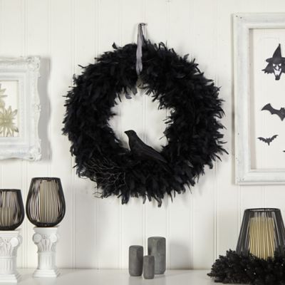 Image showing  30 in. Halloween Raven Feather Wreath