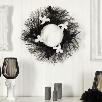 Image showing  22 in. Halloween Ghost and Bats Twig Wreath