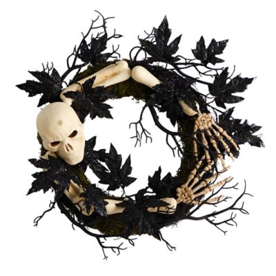 Nearly Natural 24 in. Halloween Skull and Bones Wreath