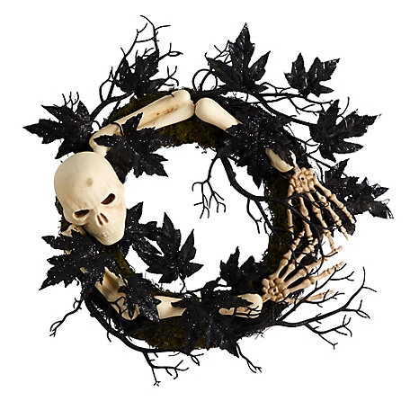 Nearly Natural 24 in. Halloween Skull and Bones Wreath