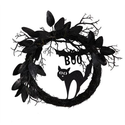 Nearly Natural 22 in. Halloween Black Cat and Bat Boo Twig Wreath