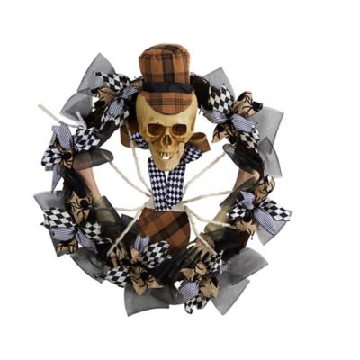 Nearly Natural 24 in. Halloween Skull in Plaid Mesh Wreath