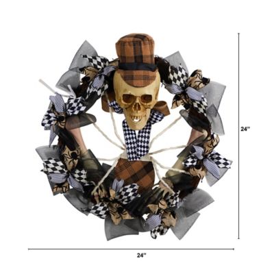 Image showing  24 in. Halloween Skull in Plaid Mesh Wreath