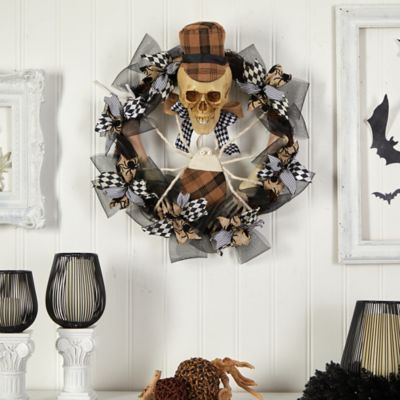 Image showing  24 in. Halloween Skull in Plaid Mesh Wreath
