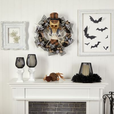Image showing  24 in. Halloween Skull in Plaid Mesh Wreath