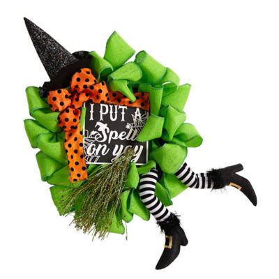Nearly Natural 26 in. Halloween Witch Broom and Hat Mesh Wreath