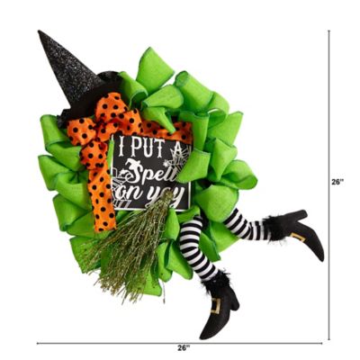 Image showing  26 in. Halloween Witch Broom and Hat Mesh Wreath
