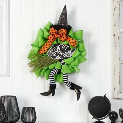 Image showing  26 in. Halloween Witch Broom and Hat Mesh Wreath