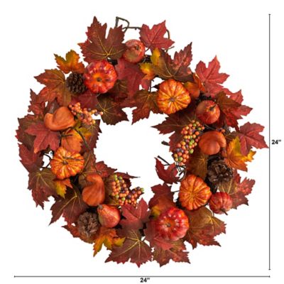 Image showing  24 in. Autumn Maple Leaves, Pumpkin, Pine Cone and Berries Artificial Fall Wreath