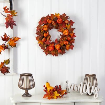 Image showing  24 in. Autumn Maple Leaves, Pumpkin, Pine Cone and Berries Artificial Fall Wreath