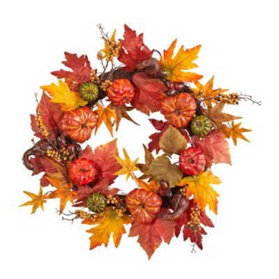 Nearly Natural 24 in. Autumn Pumpkin and Berries Artificial Fall Wreath