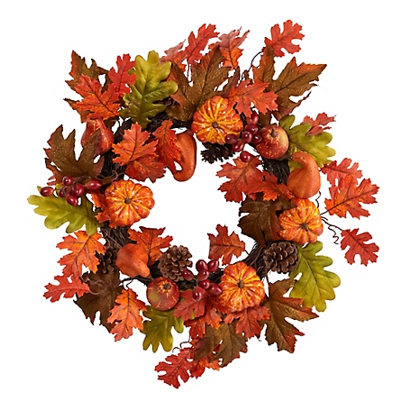 Nearly Natural 20 in. Autumn Assorted Maple Leaf, Pumpkin, Gourd, Pine Cone and Berry Artificial Fall Wreath